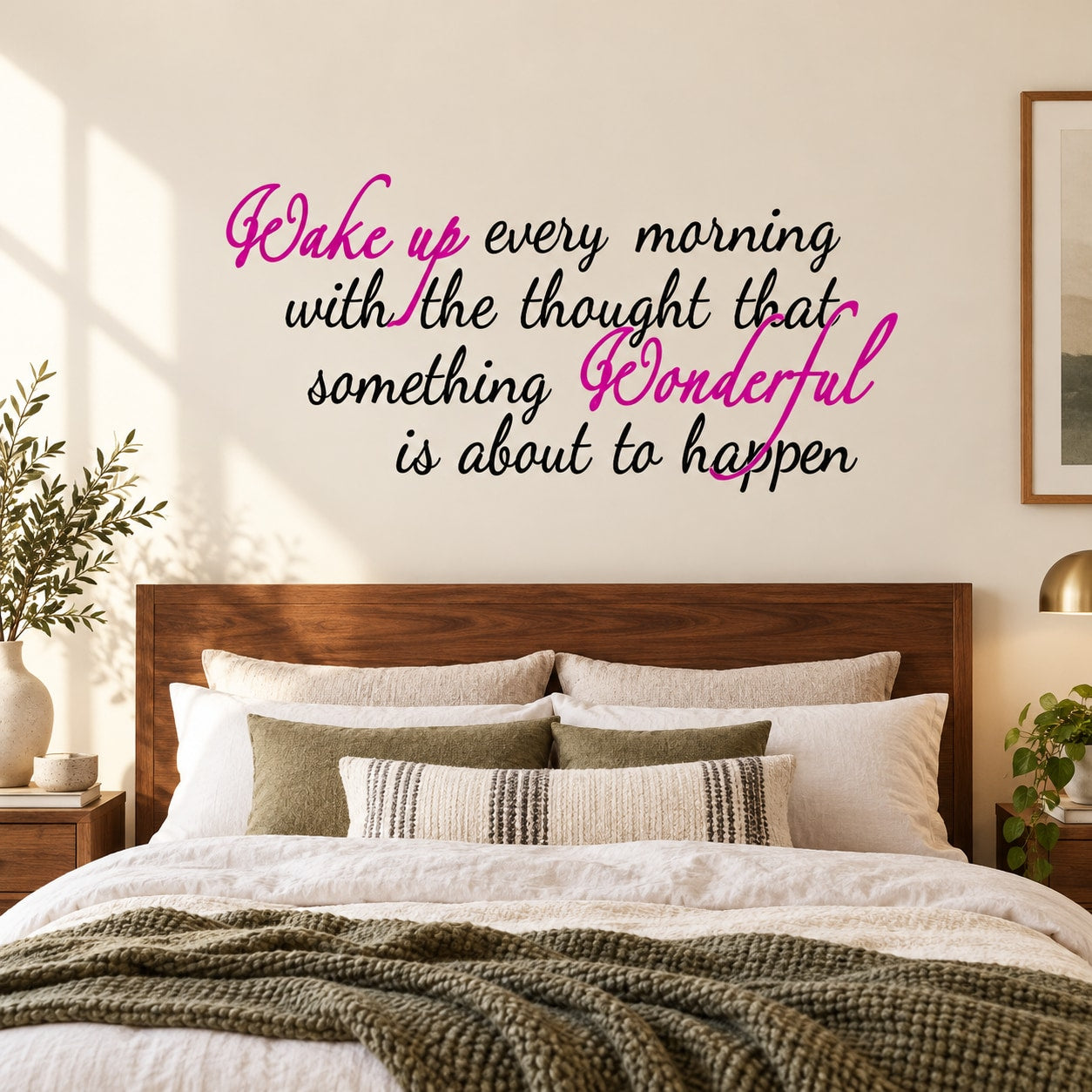 Inspirational wall decal with die-cut script text: “Wake up every morning…wonderful”.