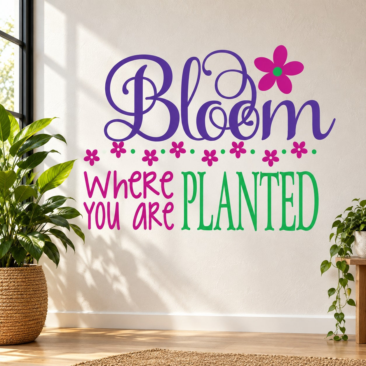 Bloom quote die-cut wall decal with purple and pink lettering and flower accents