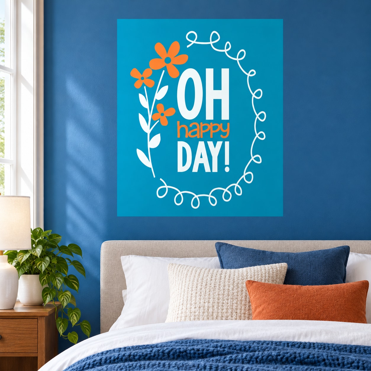 Decorative wall sticker with orange flowers and text 'Oh happy DAY!'