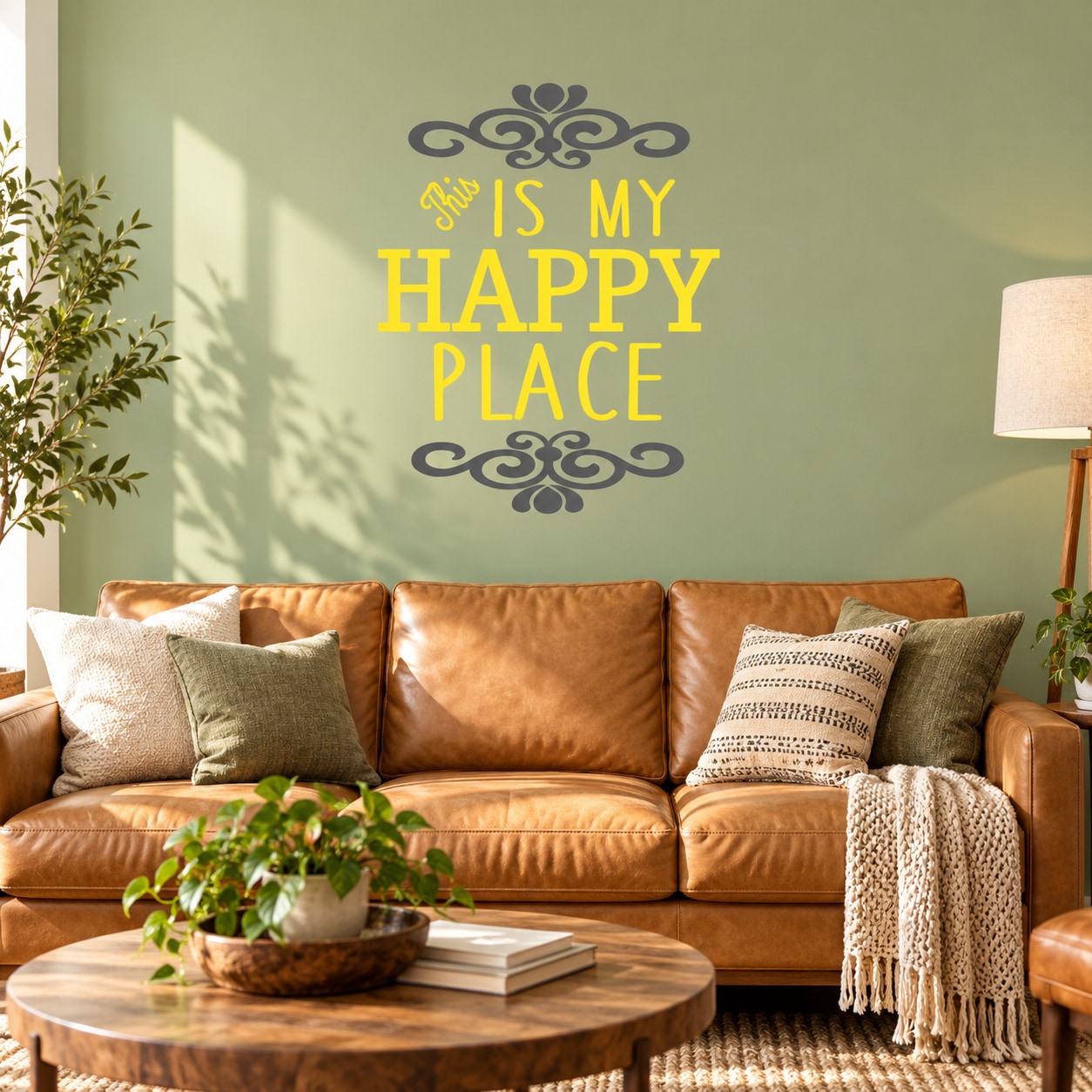 Wall decal text “IS MY HAPPY PLACE” with decorative gray swirl ornaments