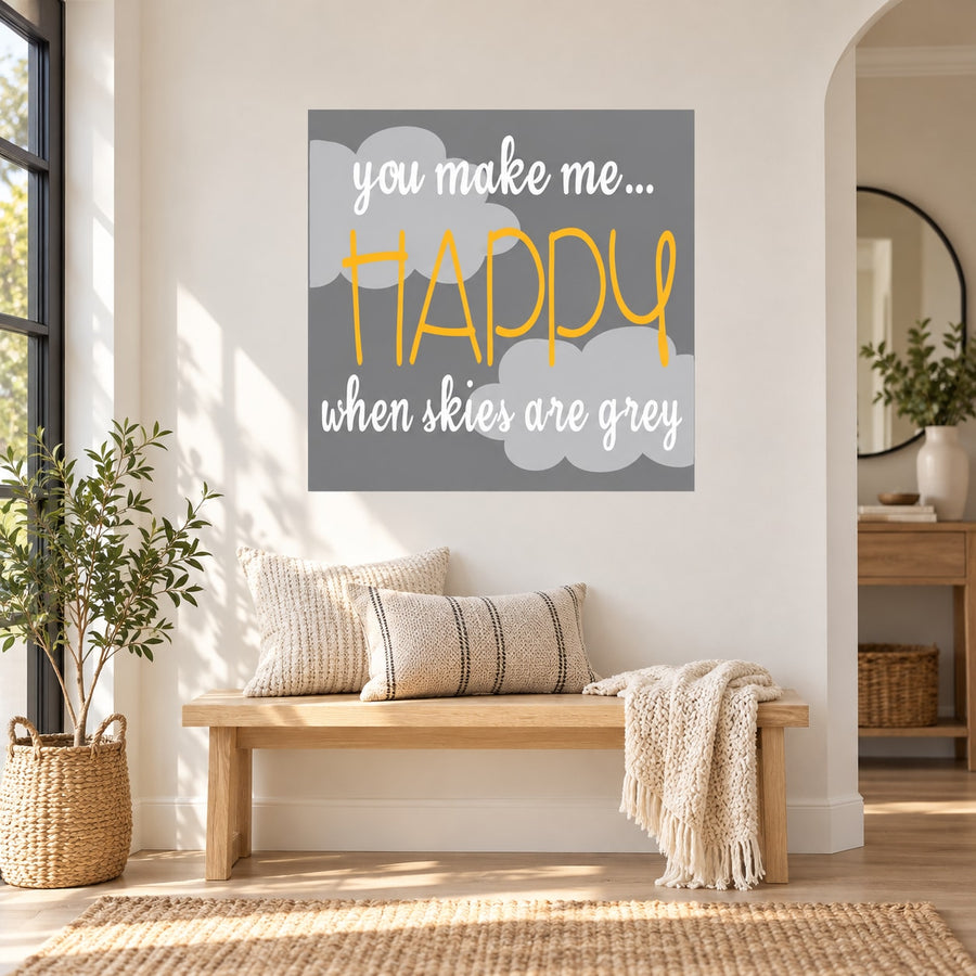 Rectangular wall sticker with white script and yellow 'Happy' text on gray background