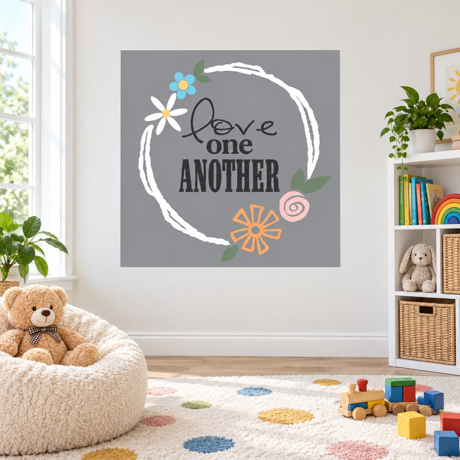 Square sticker with hand-drawn heart circle, flowers, and message 'Love one ANOTHER'