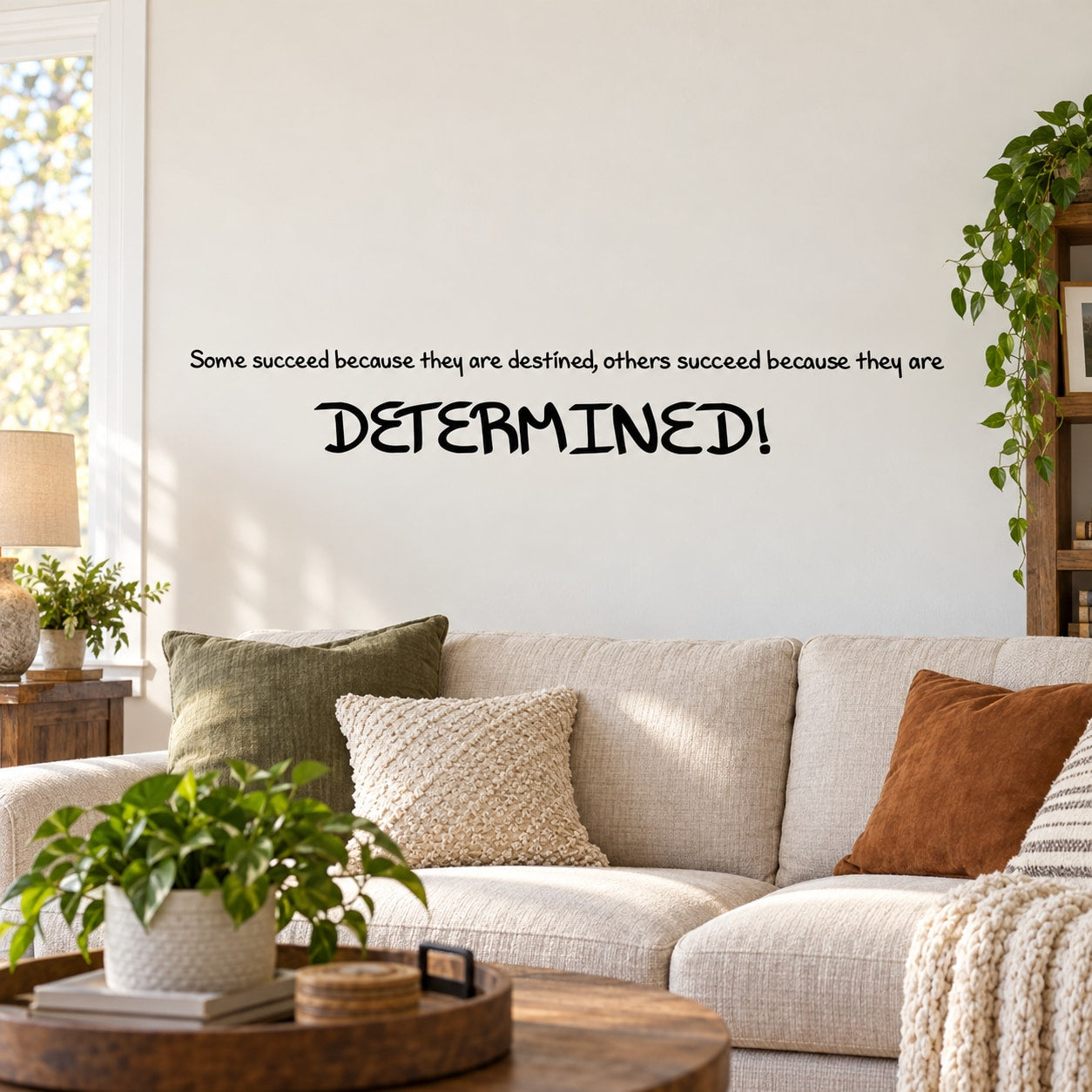 Wall quote mural decal with 'DETERMINED!' in bold black letters on a light wall