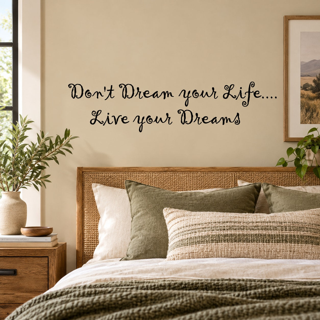 Wall decal quote in black script: 'Don't Dream your Life... Live your Dreams'