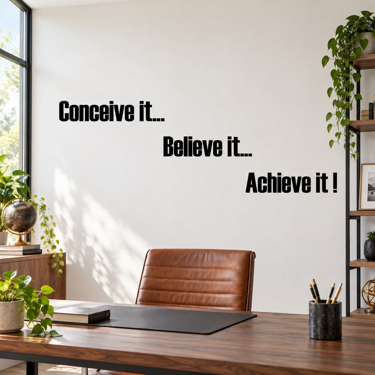 Wall decal with motivational text: “Conceive it… Believe it… Achieve it!”