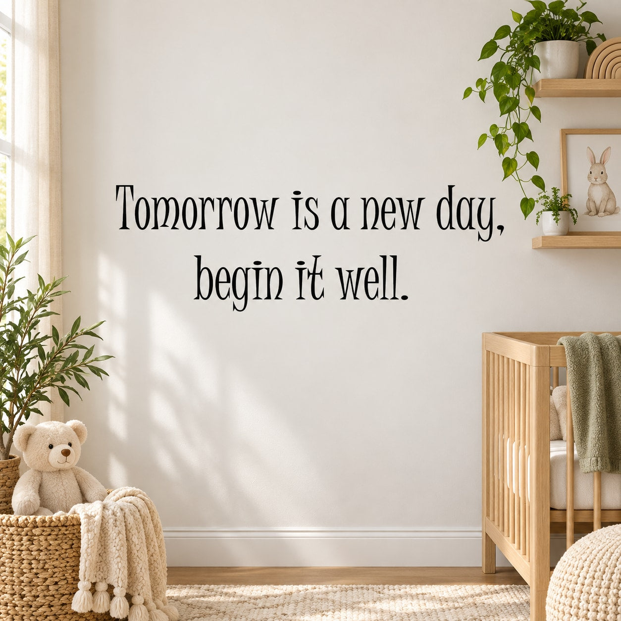 Wall decal quote: 'Tomorrow is a new day, begin it well.' lettering