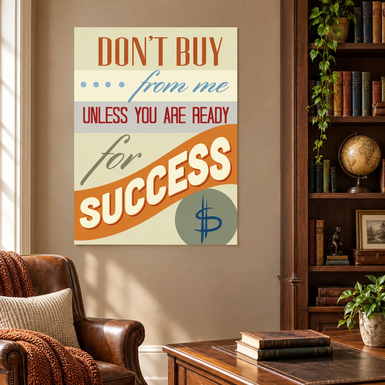 Motivational quote wall decal with colorful typography: “Don’t buy” to “success”