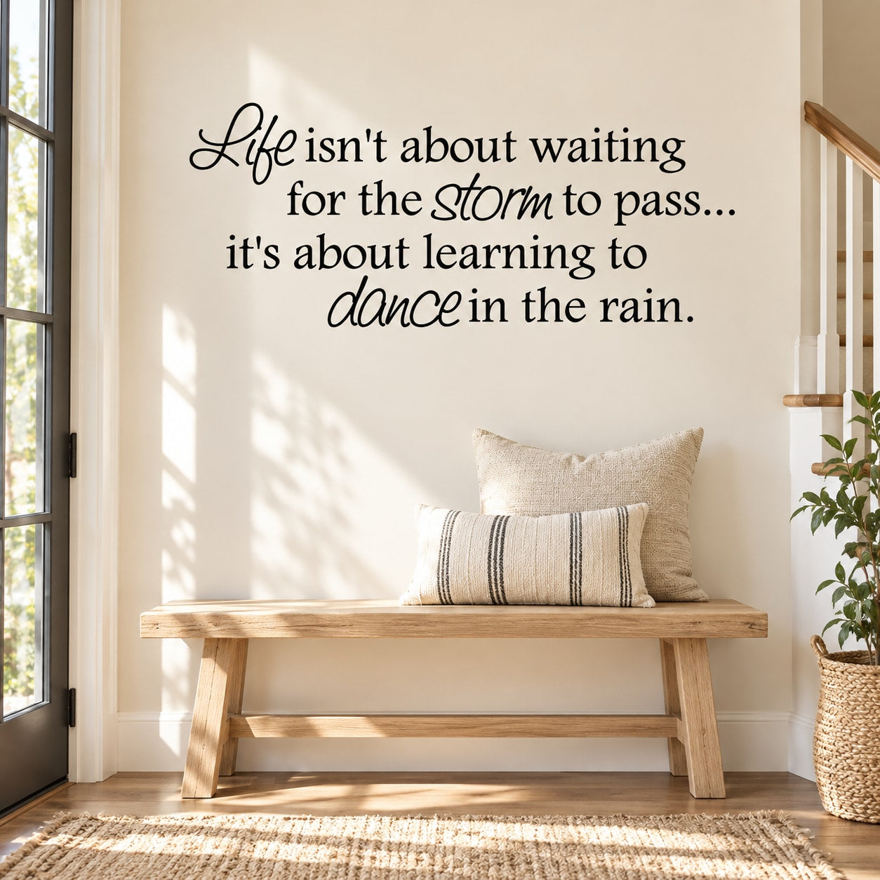 Inspirational wall decal with quote: “Life isn’t about waiting for the storm to pass...”