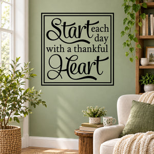 Thankful heart wall decal: script quote in black square frame