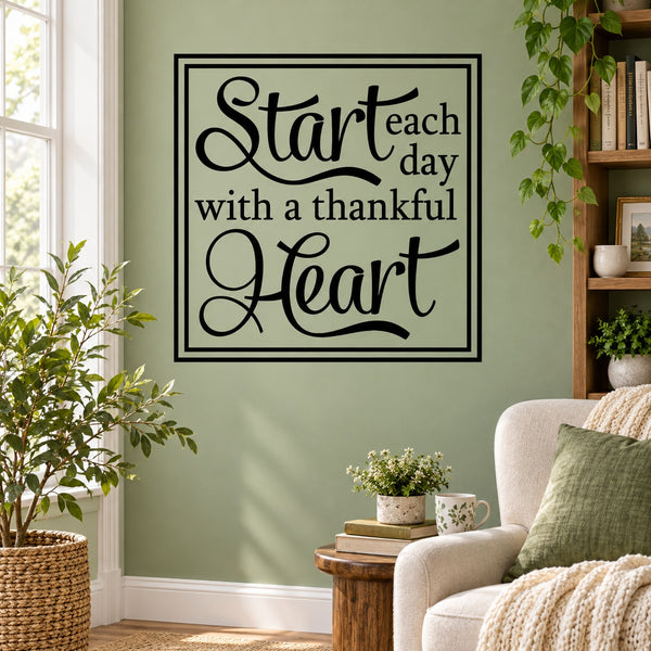 Thankful heart wall decal: script quote in black square frame