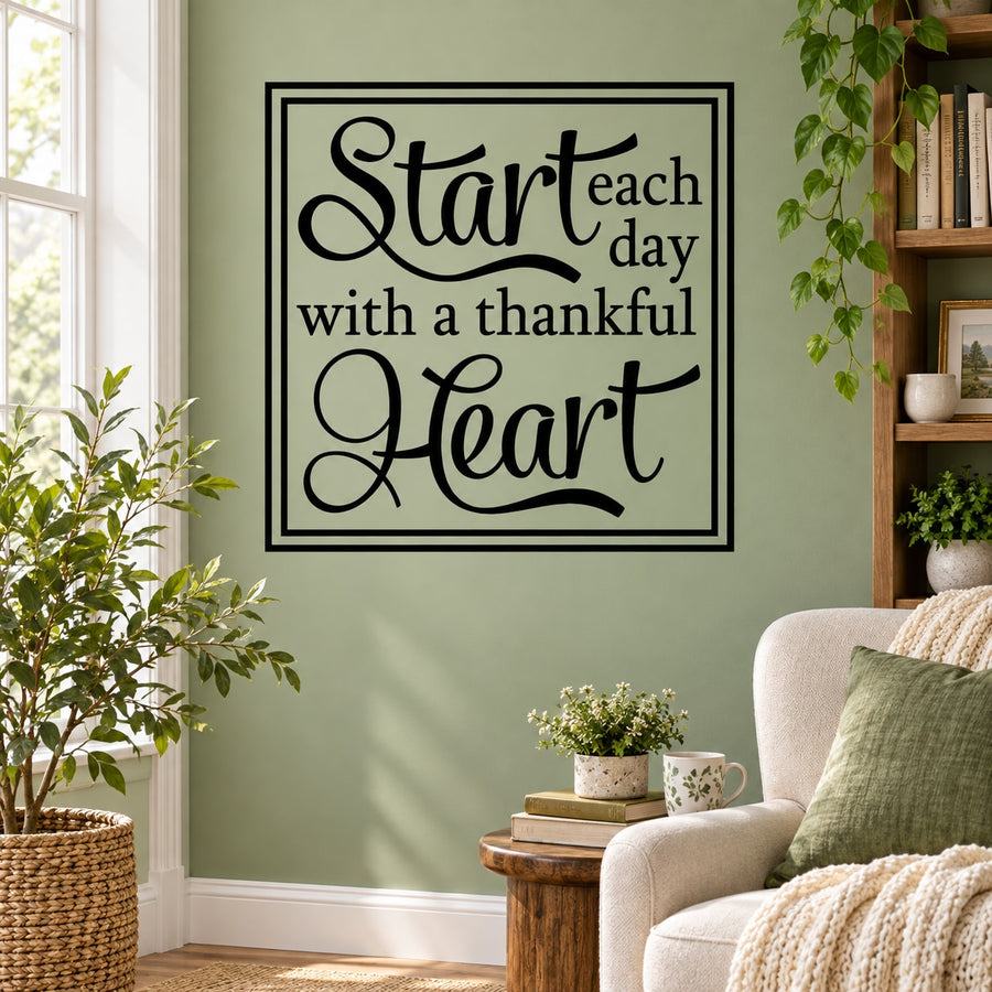 Thankful heart wall decal: script quote in black square frame