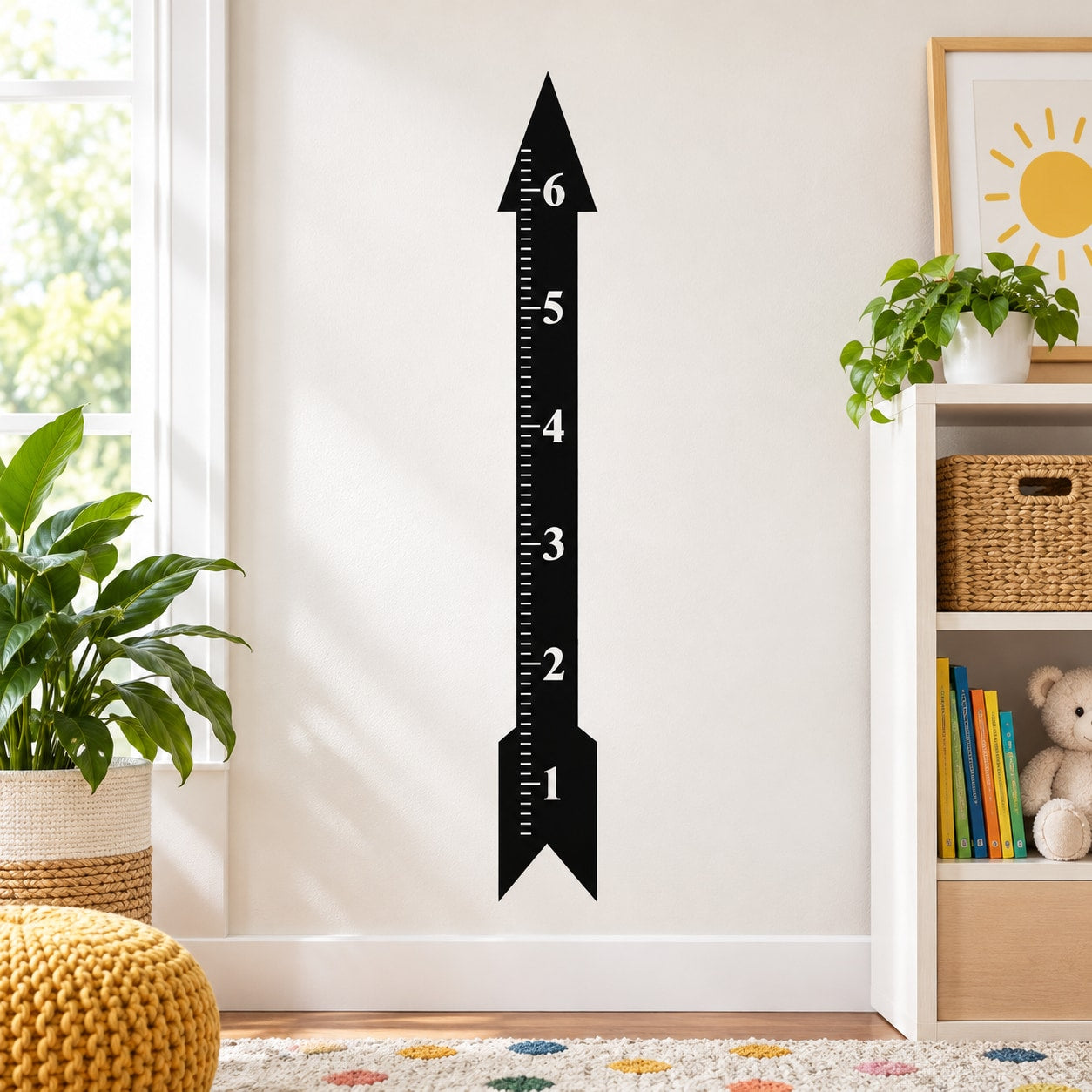Arrow ruler decal, vertical black arrow with measurement ticks and numbers 1–6
