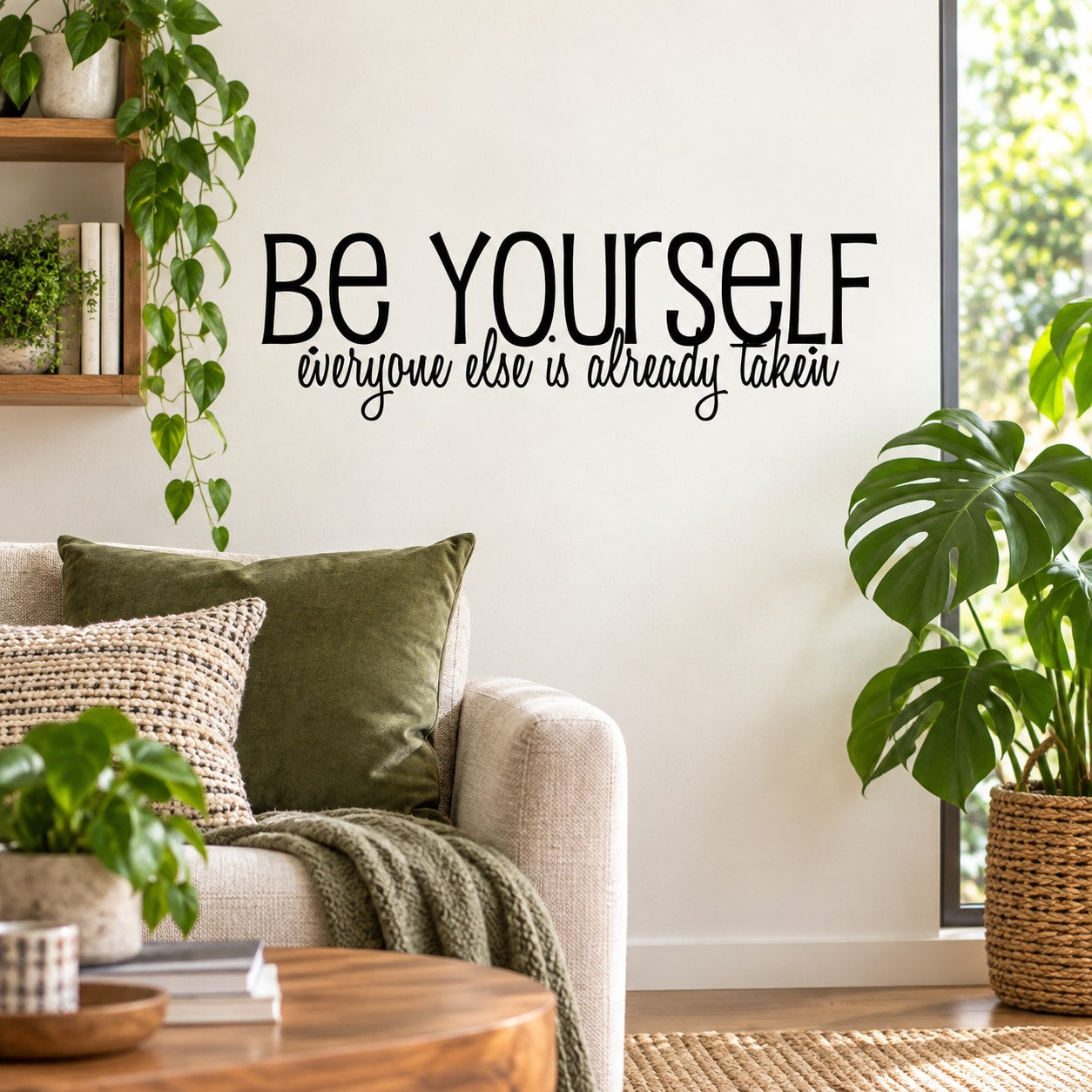 Be Yourself wall decal with script text: 'everyone else is already taken'
