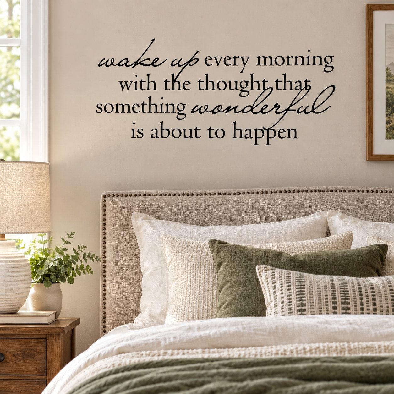 Inspirational wall decal with cursive quote text in dark lettering