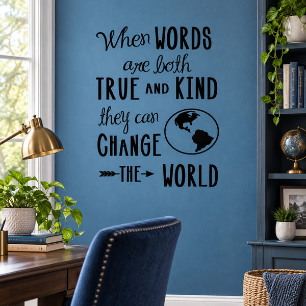 Inspirational wall decal with quote text and globe icon in black