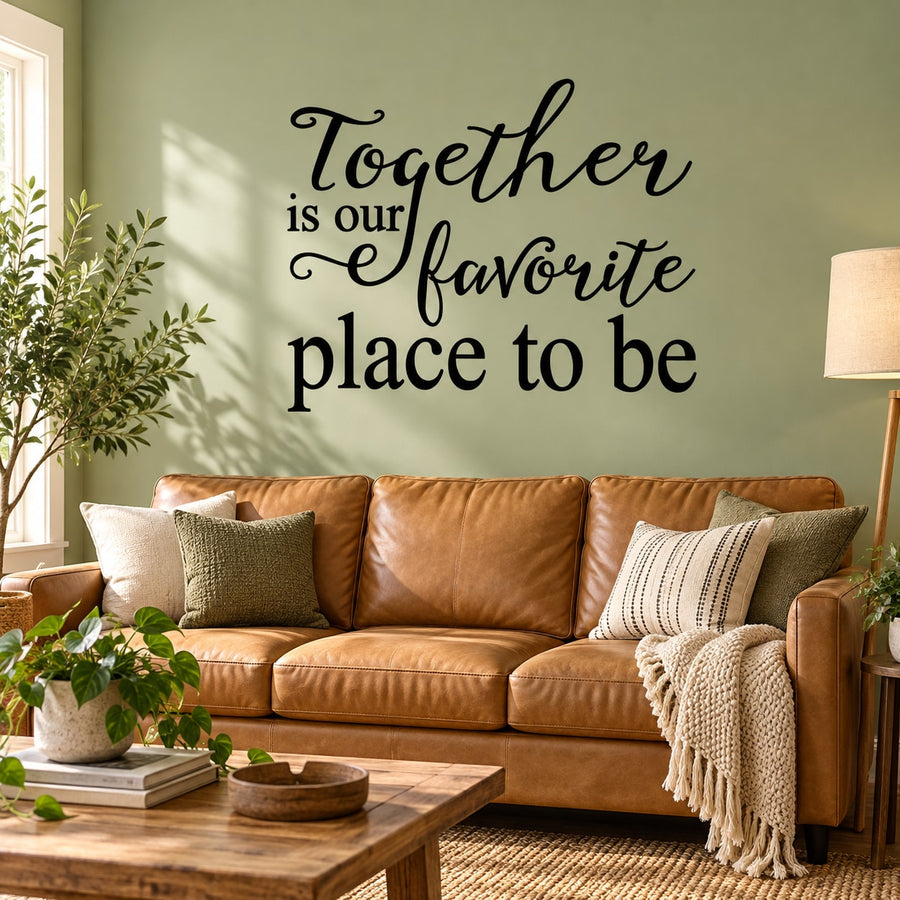 Wall quote decal, dark script text: 'Together is our favorite place to be'