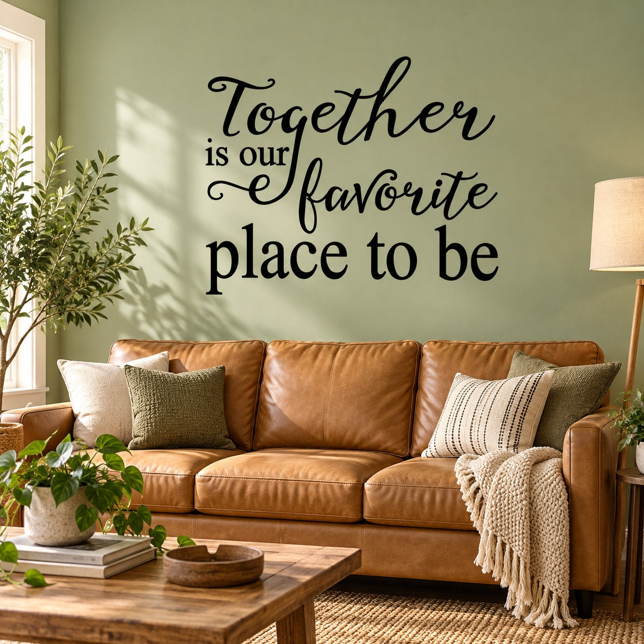 Wall quote decal, dark script text: 'Together is our favorite place to be'