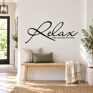 Black wall decal with cursive Relax and Take One Day at a Time text