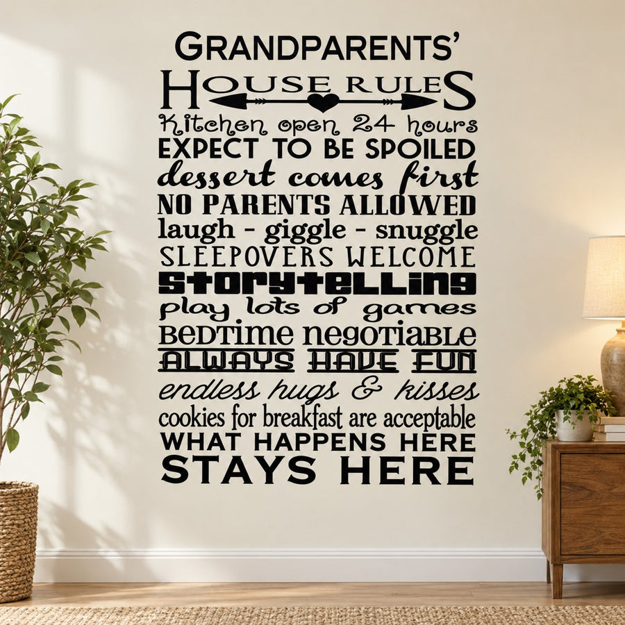 Grandparents' House Rules word collage wall decal with Stay Here and kitchen rules