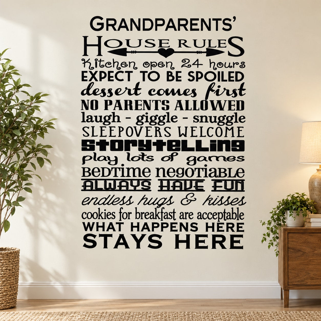 Grandparents' House Rules word collage wall decal with Stay Here and kitchen rules