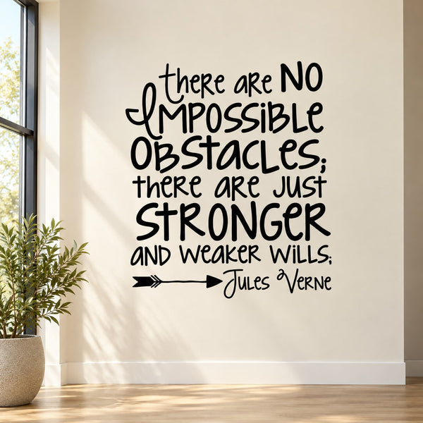 Inspirational quote wall decal with bold hand-lettered text, 'NO IMPOSSIBLE OBSTACLES'