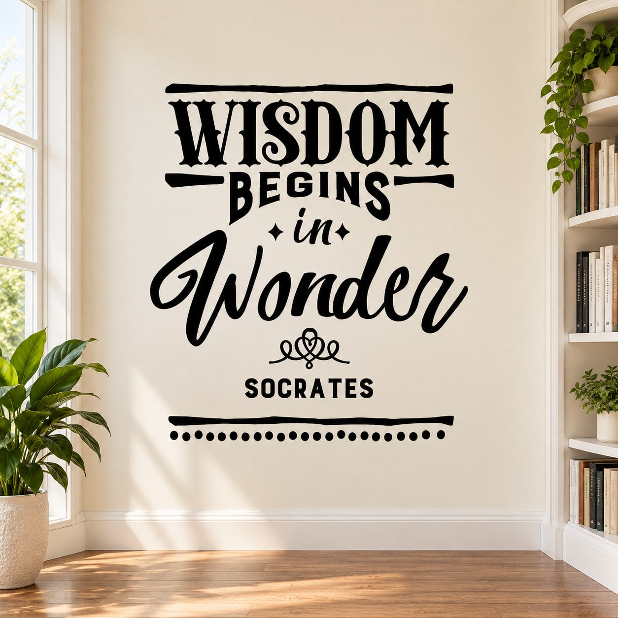 Black wall decal with "Wisdom Begins in Wonder" and "Socrates" script text
