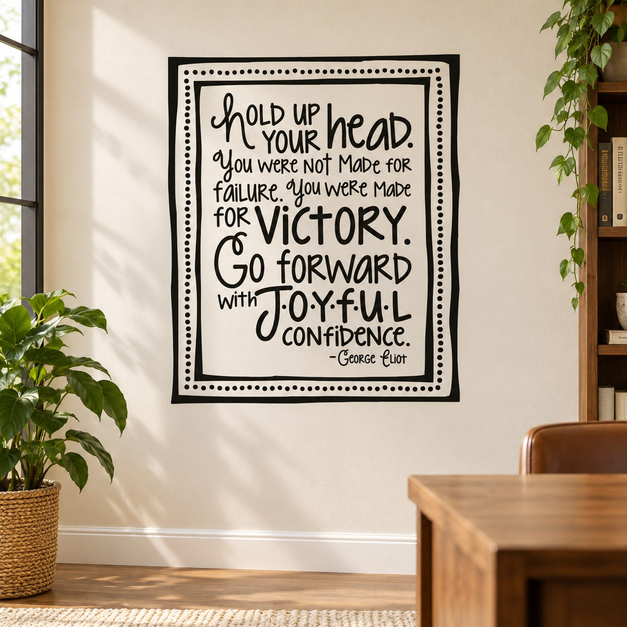 Inspirational quote wall decal with black and white typography in a dotted border