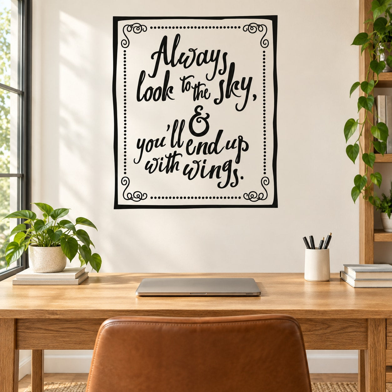 Square wall quote decal with black border and handwritten lettering, decorative corner swirls