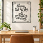 Square wall quote decal with black border and handwritten lettering, decorative corner swirls