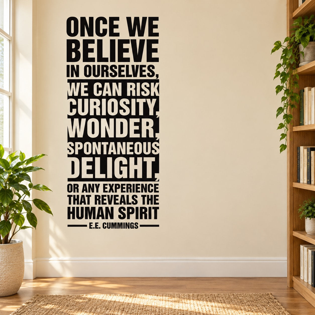 Wall decal with black quote text: “Once we believe… curiosity, wonder, delight.”