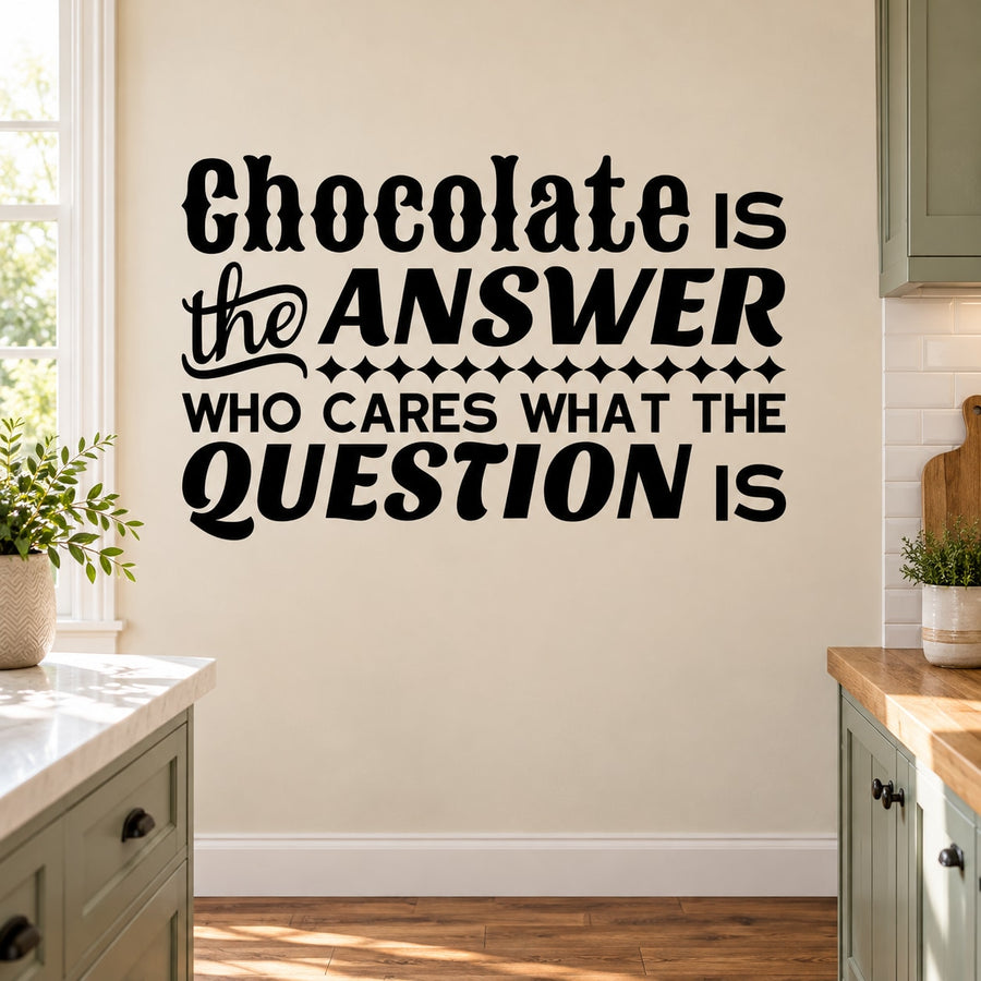 Chocolate quote wall decal with bold black lettering: “Chocolate is the answer”