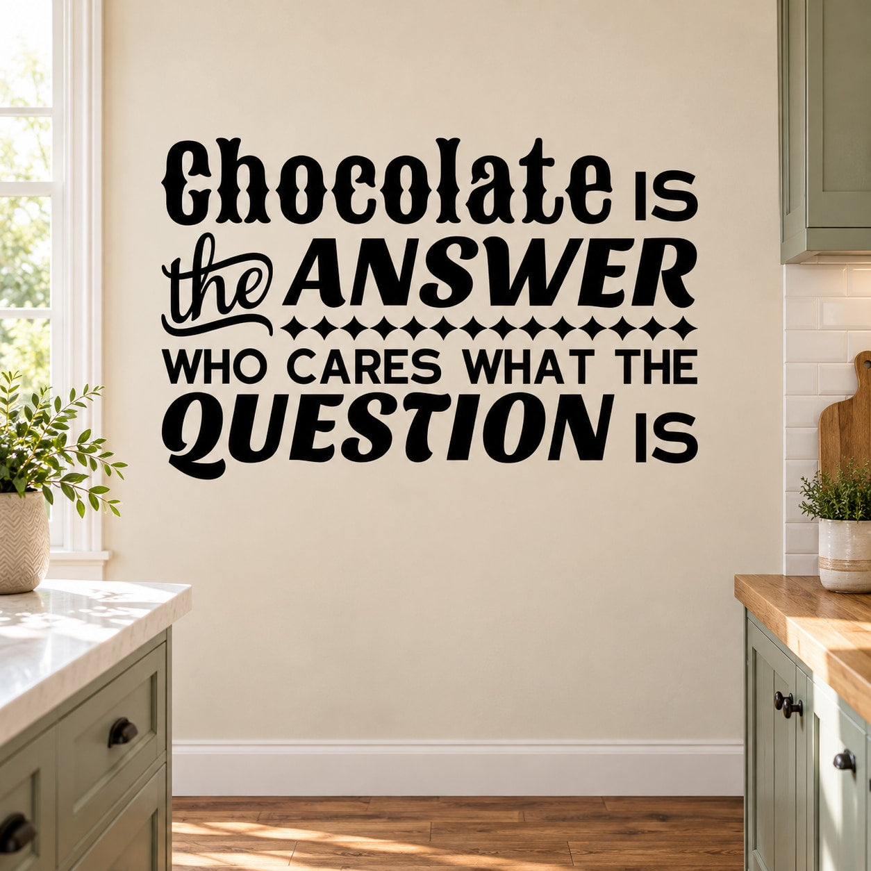 Chocolate quote wall decal with bold black lettering: “Chocolate is the answer”