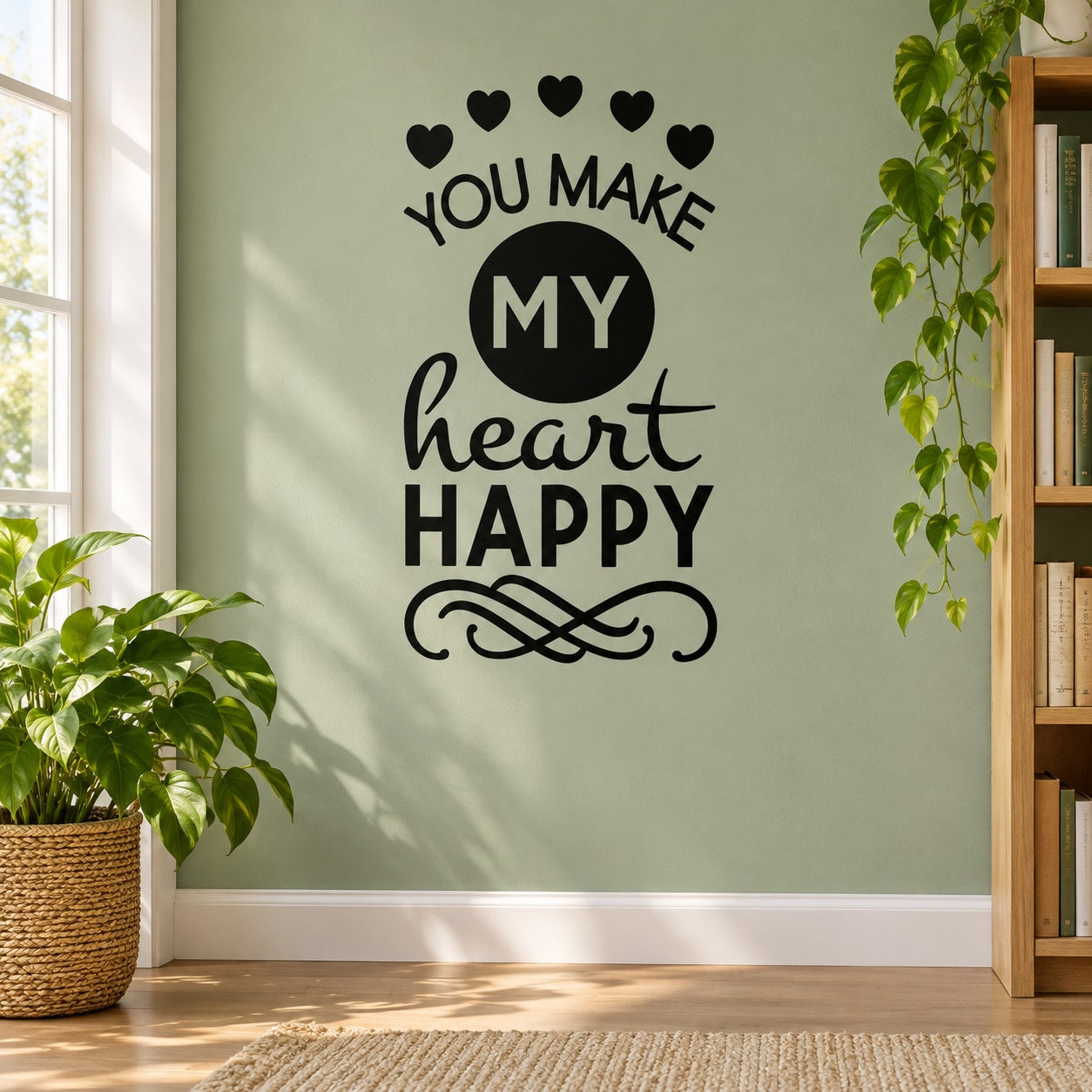 Black heart-shaped wall decal reading 'You Make My Heart Happy'