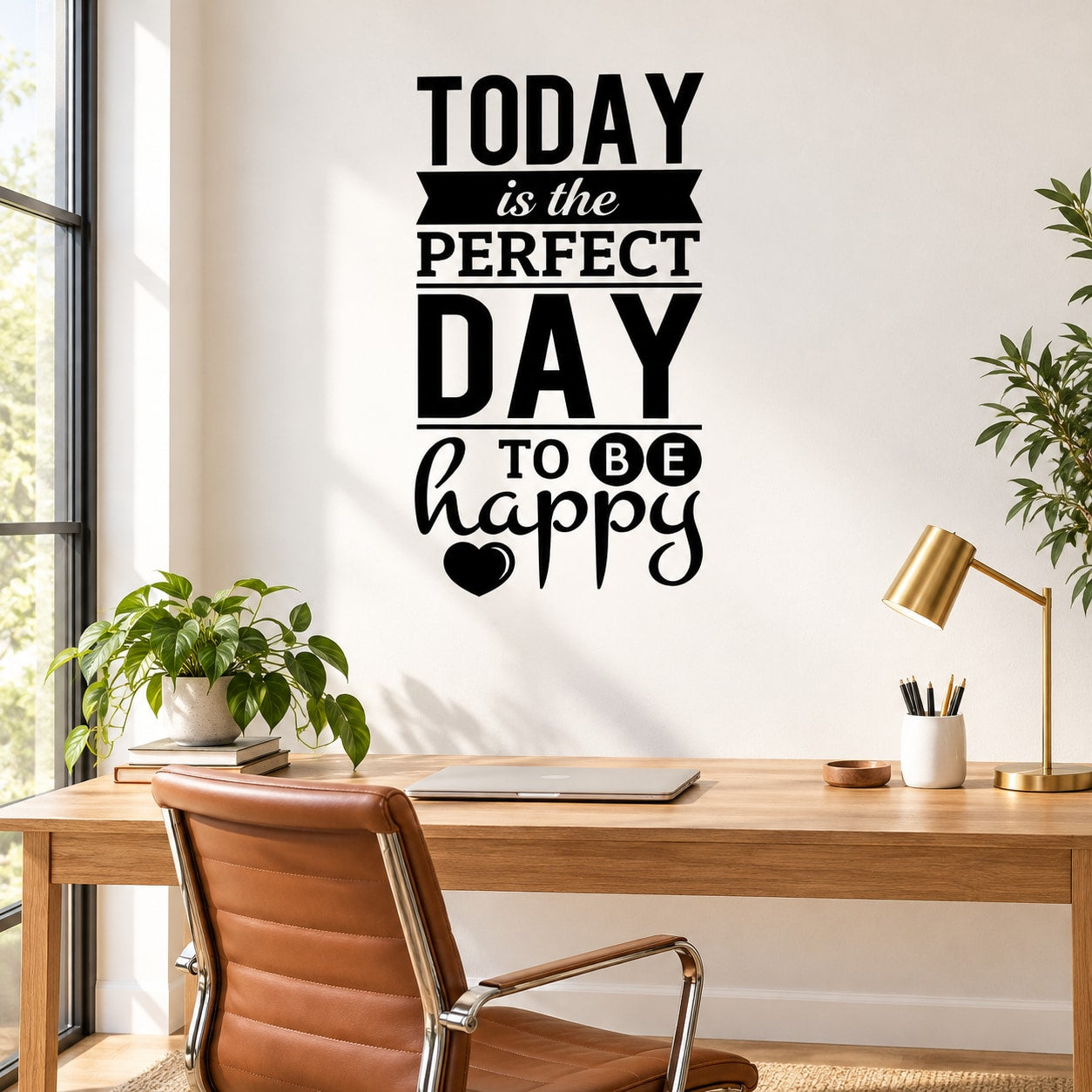 Wall decal with bold text reading “TODAY is the PERFECT DAY to be happy”