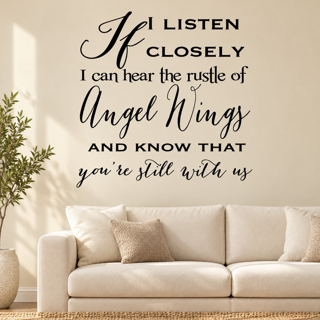 Wall quote decal with cursive text: If I listen closely... angel wings