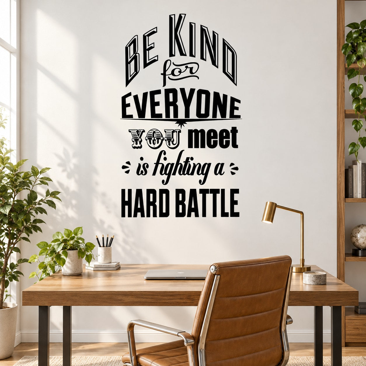 Inspirational wall decal with bold black-and-white quote: “Be kind for everyone you meet”
