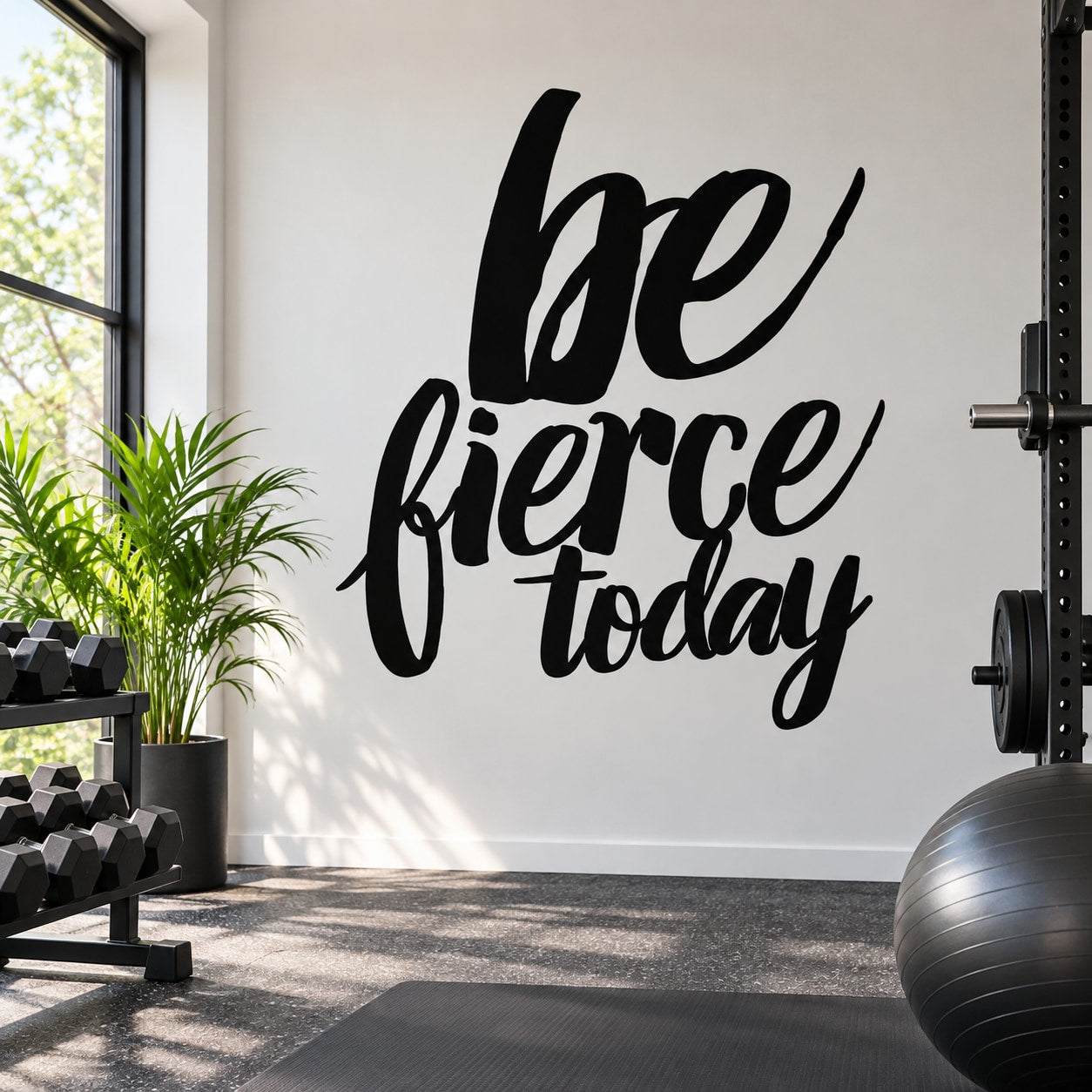 Black wall decal with 'be fierce today' script