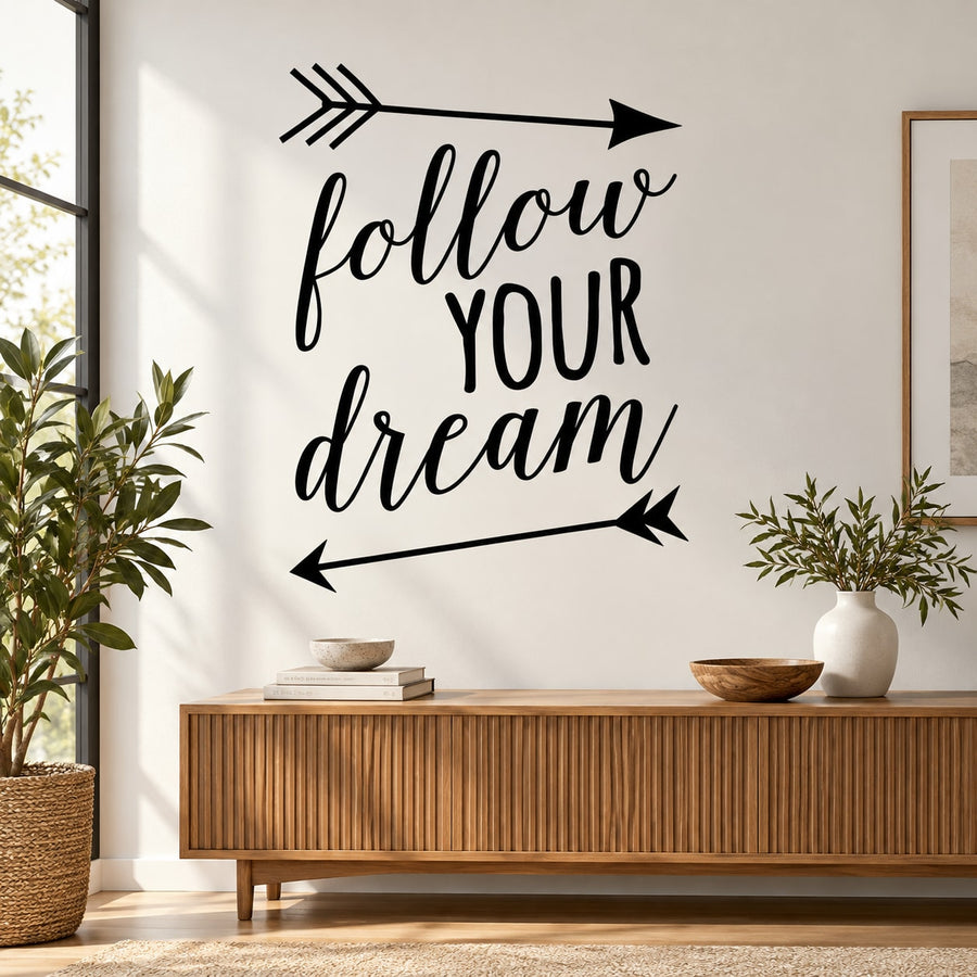 Wall decal with “Follow Your Dream” lettering and arrow accents