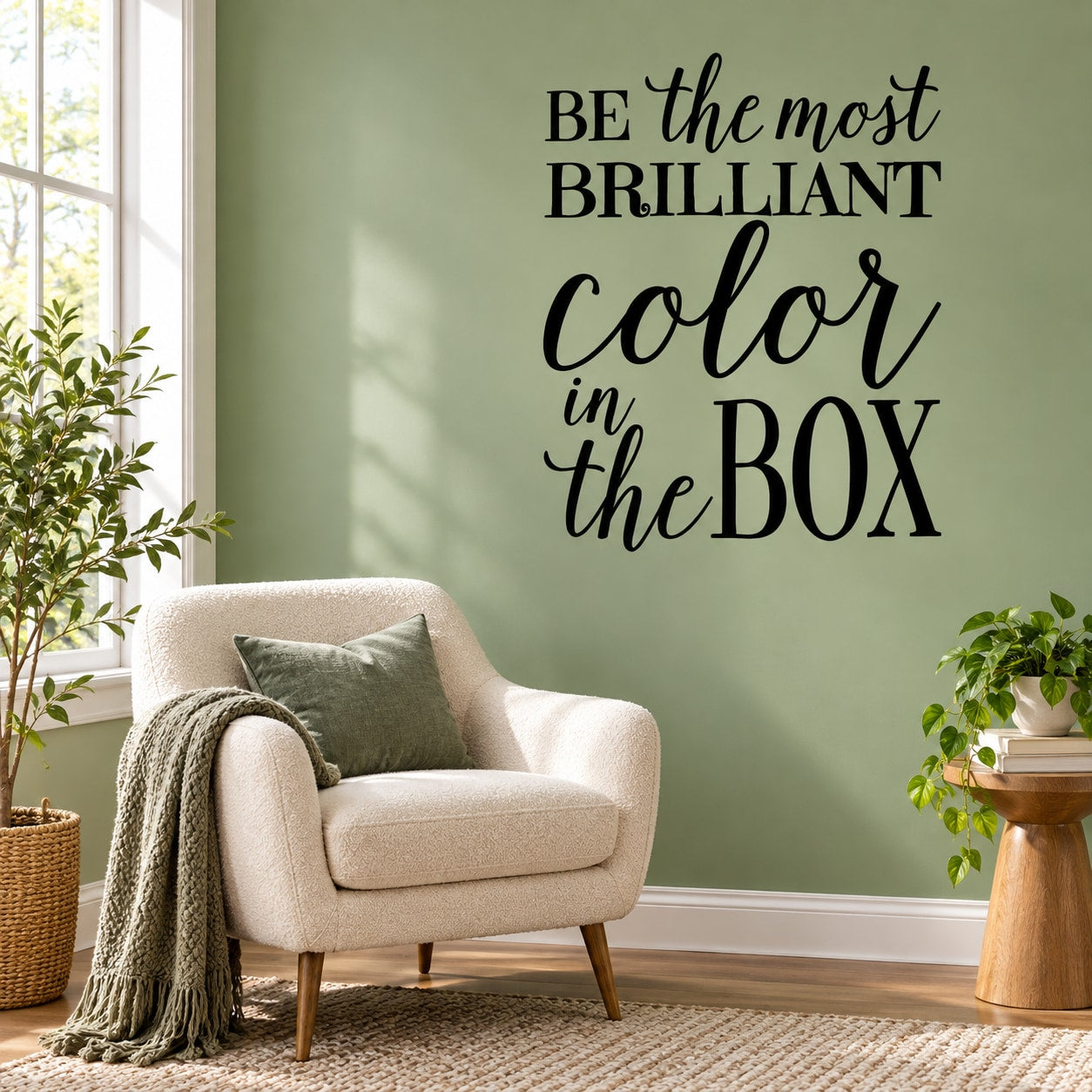Wall decal with motivational black script text: 'Be the most brilliant color in the box'