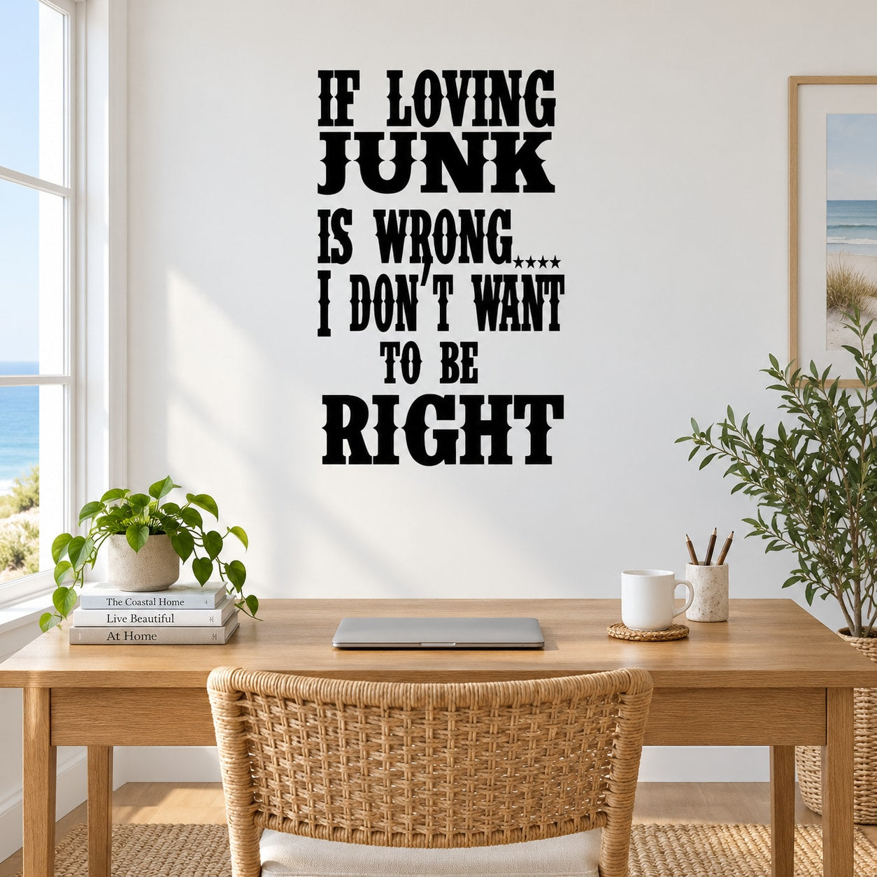 Black wall decal with quote text: “If loving junk is wrong, I don’t want to be right”