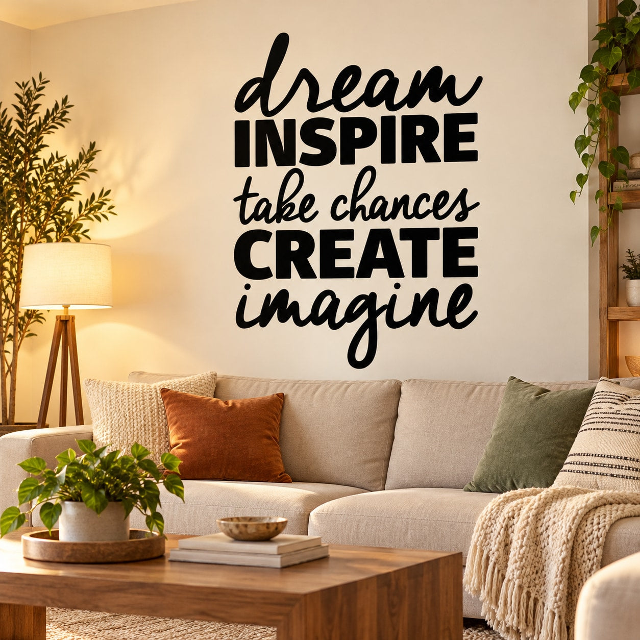 Inspirational wall decal with bold text: Dream Inspire, Take Chances, Create, Imagine