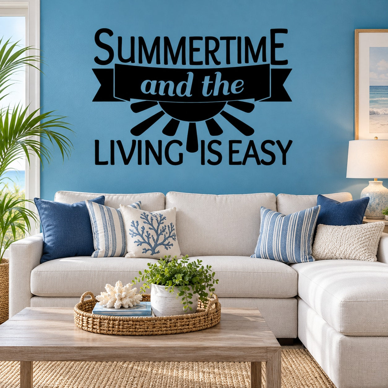 Black quote wall decal that reads 'SUMMERTIME and the LIVING IS EASY'