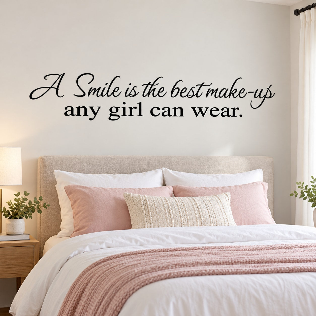 Wall decal reading 'A Smile is the best make-up any girl can wear.'