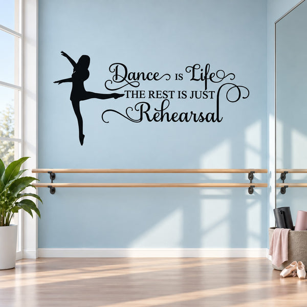Dance life wall decal with dancer silhouette and quote text in decorative script