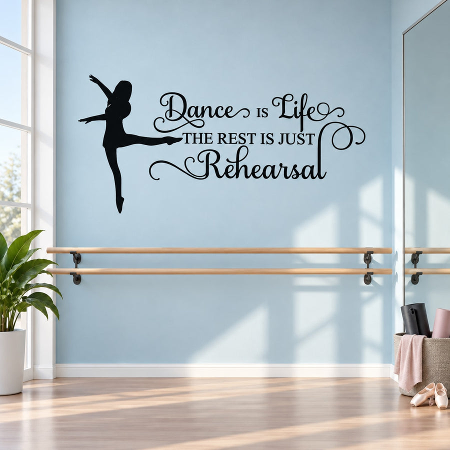 Dance life wall decal with dancer silhouette and quote text in decorative script