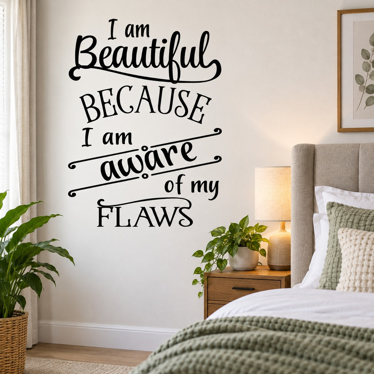 Inspirational wall decal with black cursive quote: I am Beautiful because I am aware of my flaws