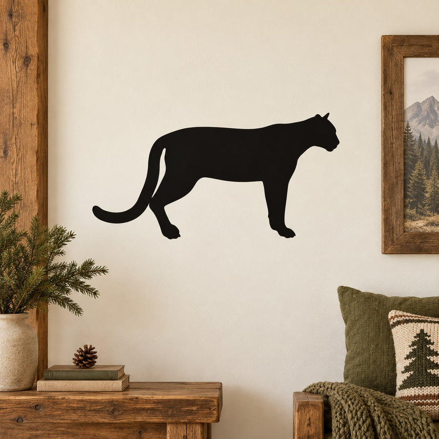 Black mountain lion watching decal silhouette on wall