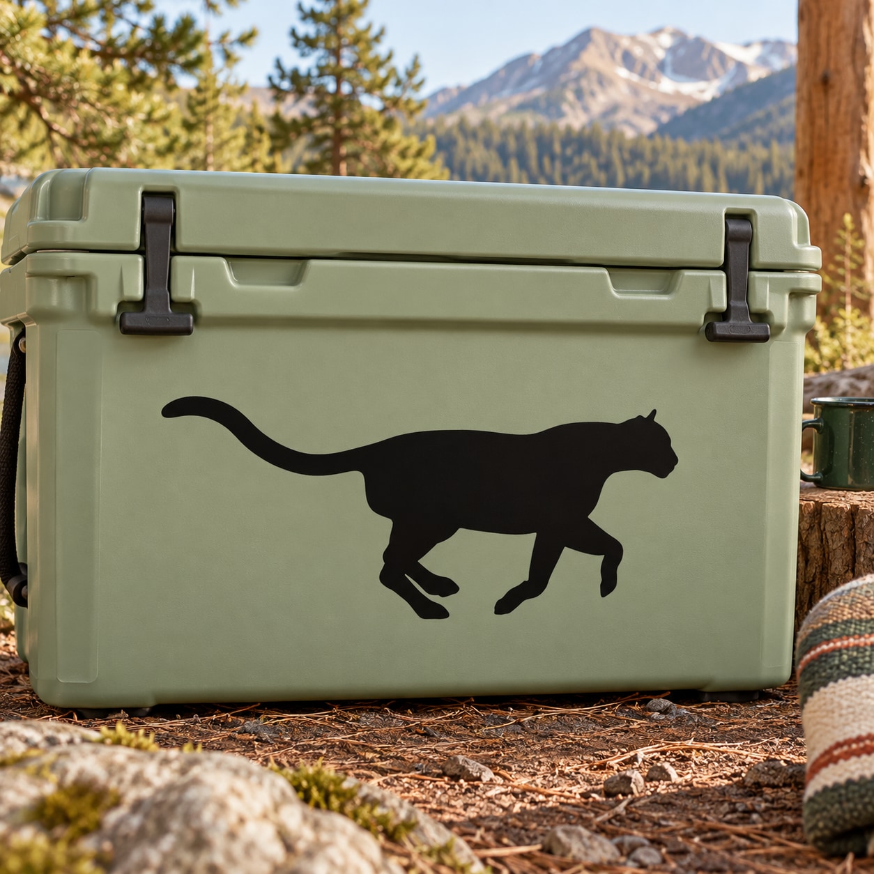 Black running mountain lion decal on light green cooler lid