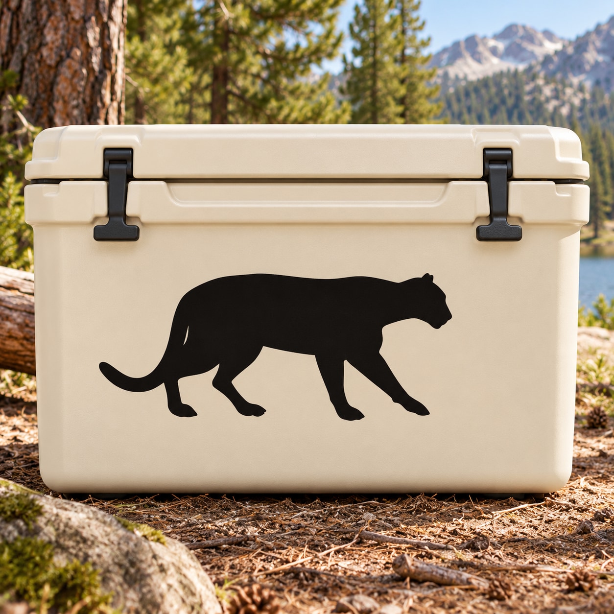Mountain lion strolling decal, black walking silhouette on light surface