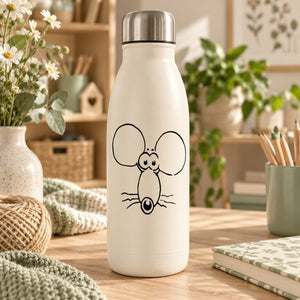 White water bottle with cartoon mouse face head decal and metal cap